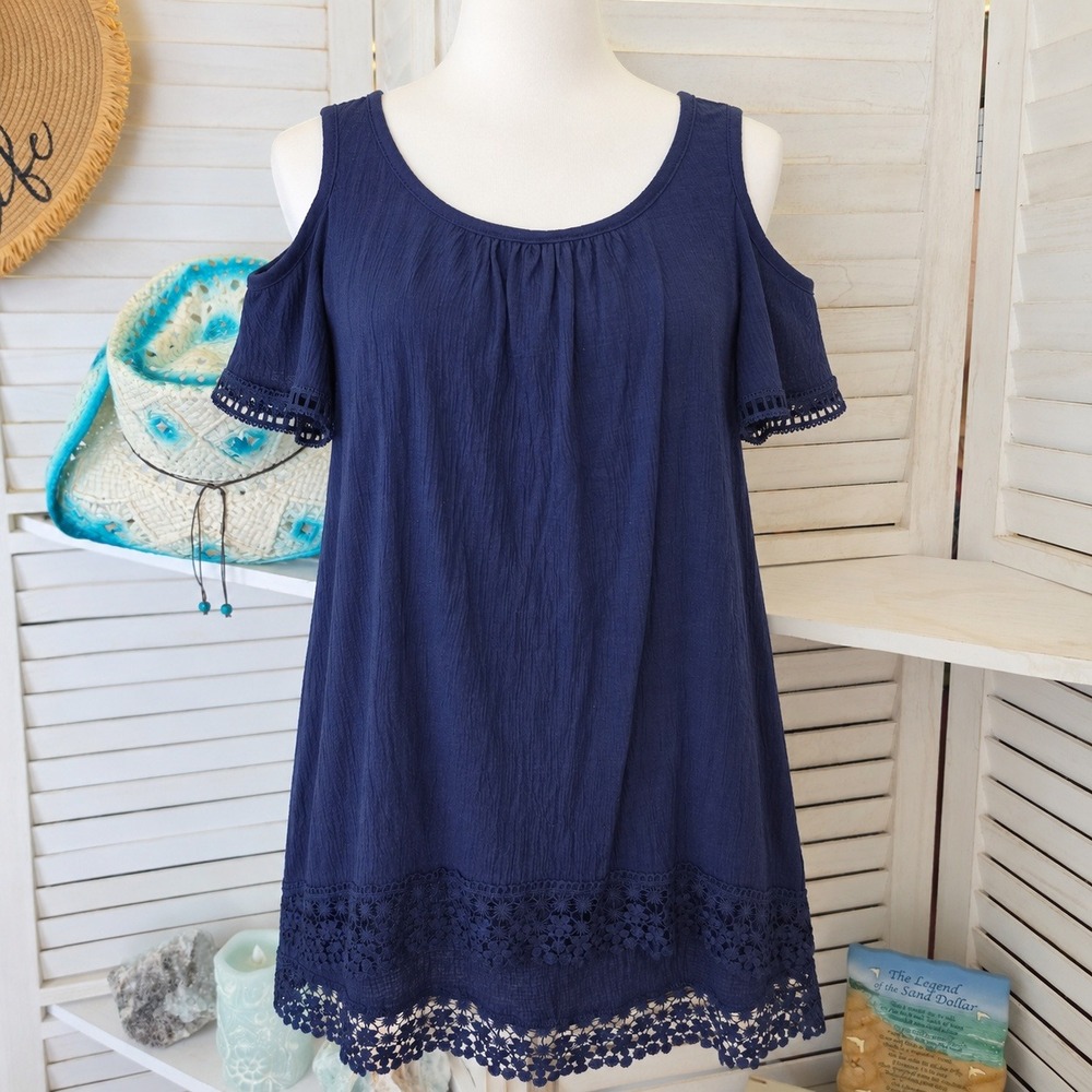 French Laundry Navy Blue Cold Shoulder Lace Trim Top Size S Boho Blouse